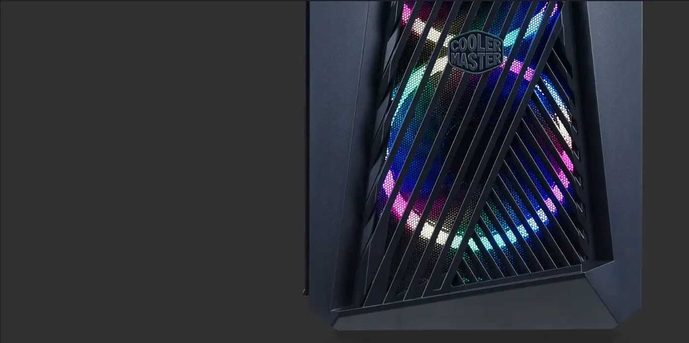 Angled close-up of the front panel ventilation of the Cooler Master MasterBox K501L.