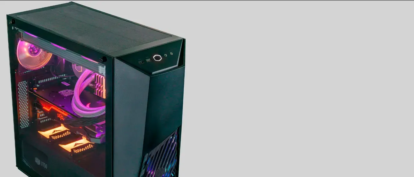Close-up of the glowing ARGB fan and illuminated power switch.