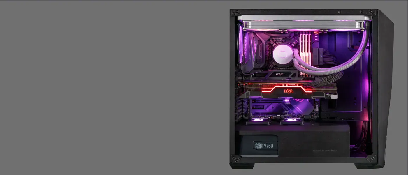 Spacious internal compartment displaying exact clearances for GPU, CPU cooler, and power supply.