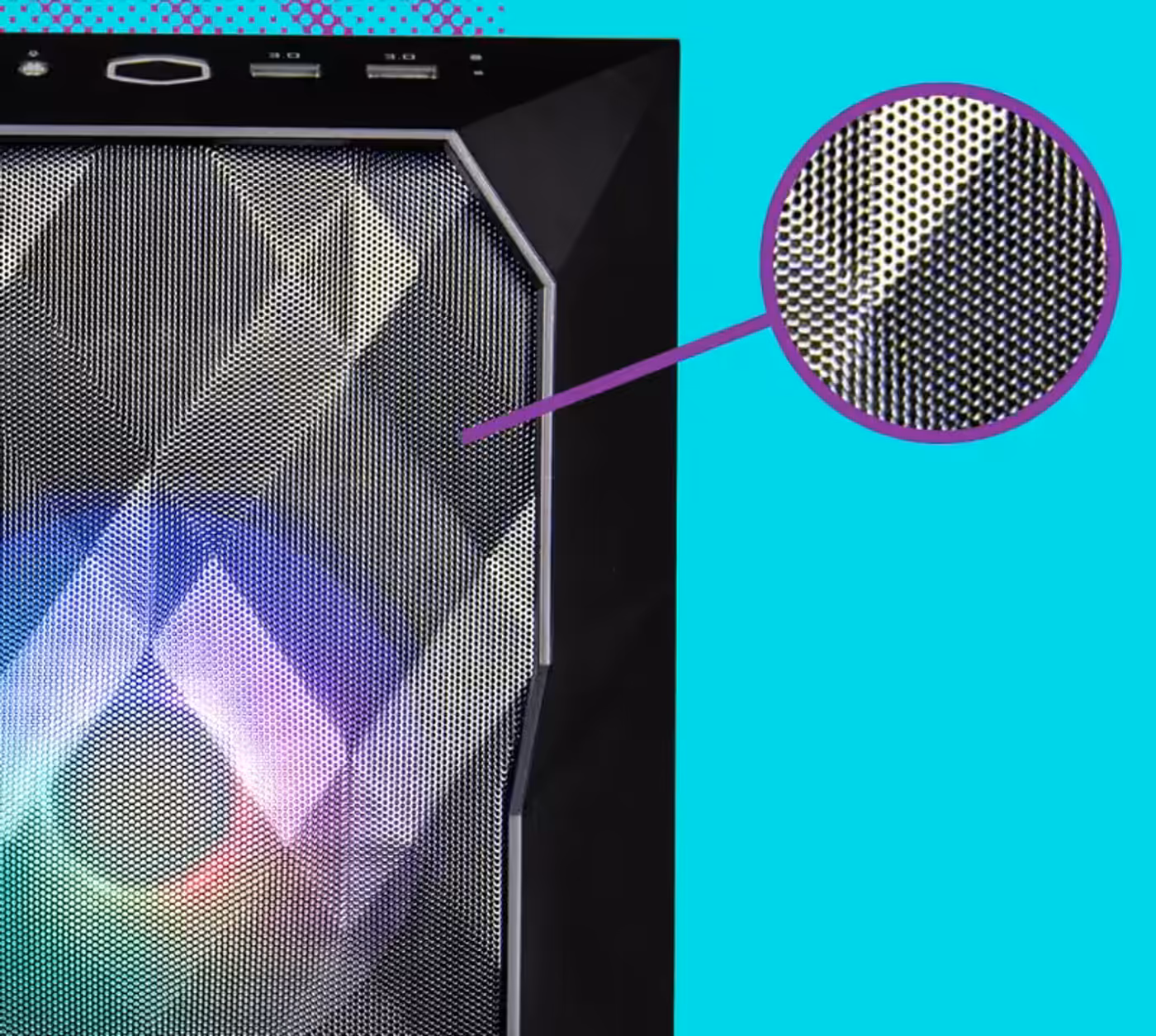 Close-up view of the Cooler Master TD300 Mesh polygonal front panel texture