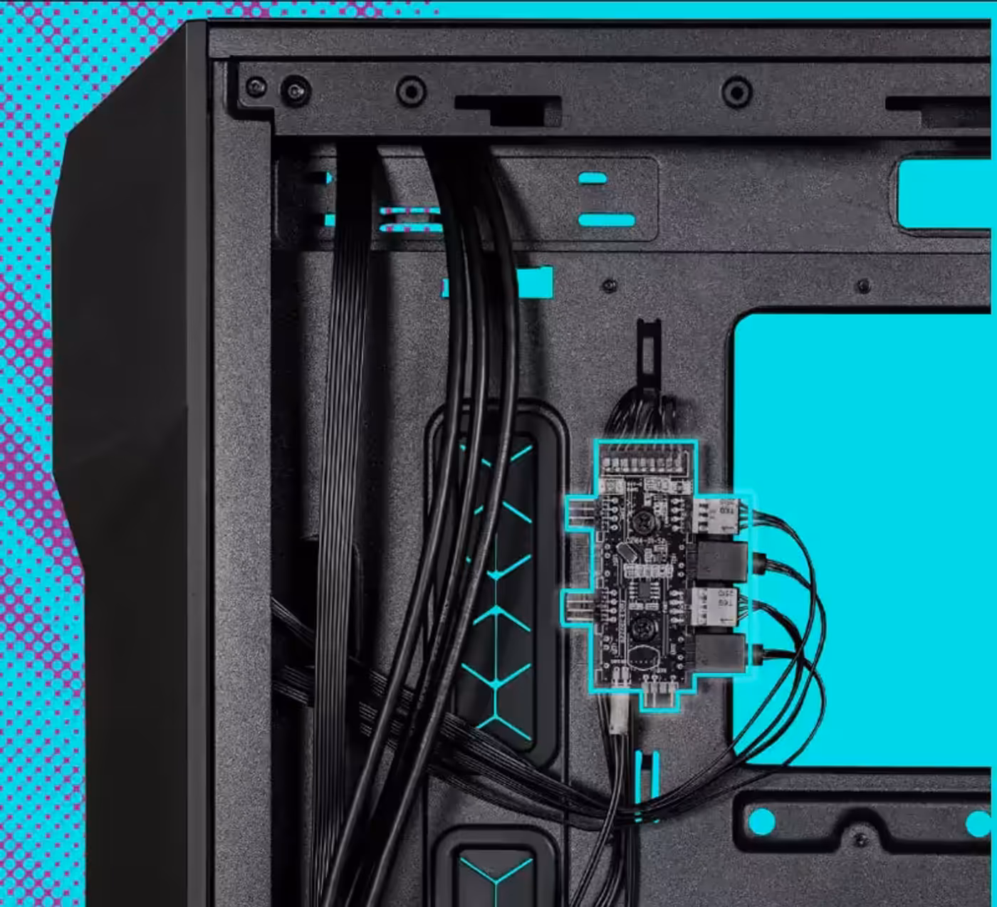 Close-up of the integrated ARGB and PWM control hub for simple cable management