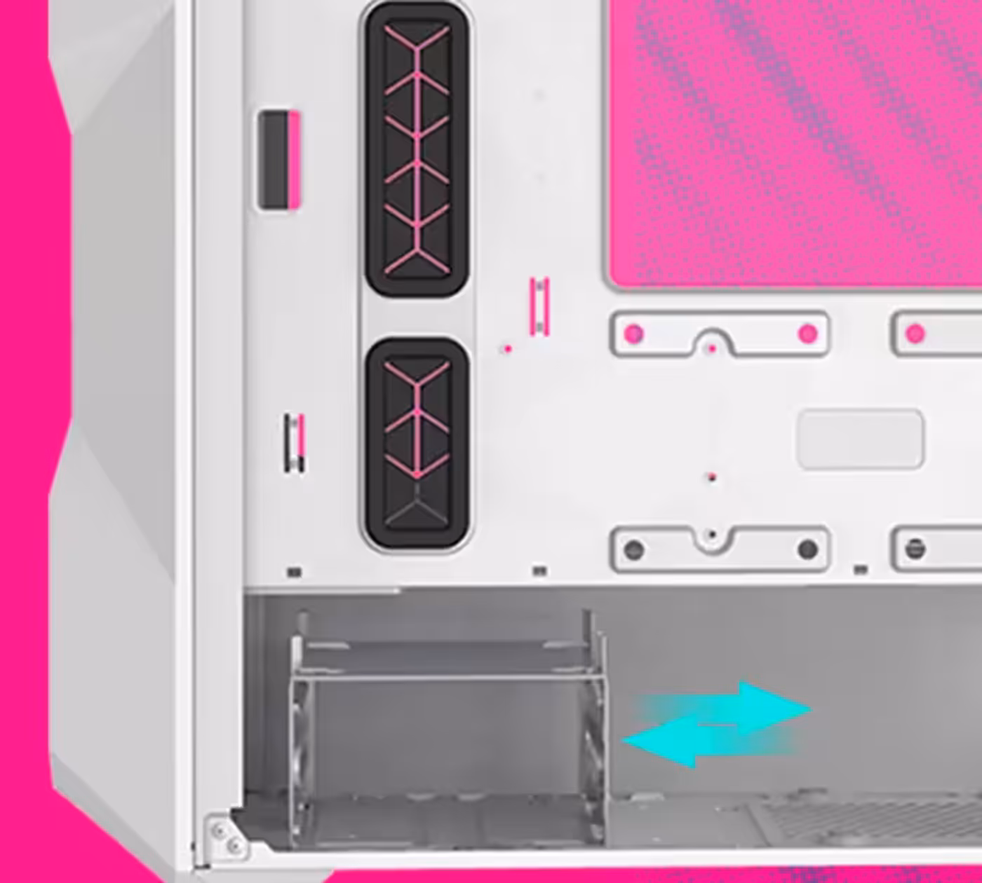 The adaptable drive cage inside the Cooler Master TD300 Mesh case