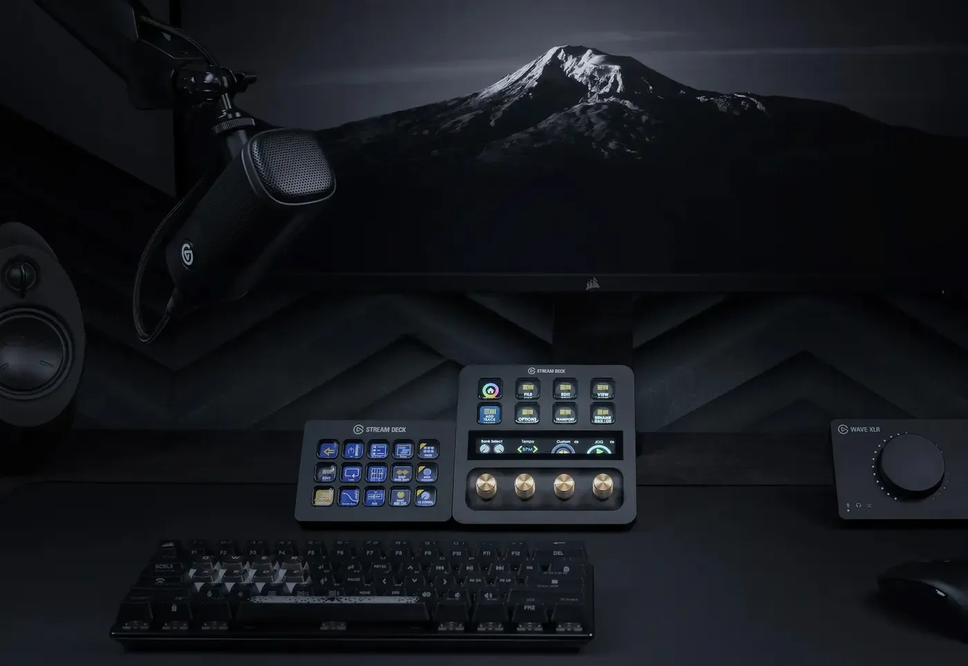 Angled view of the gold Corsair Elgato Stream Deck Dials Set on a creator's desk
