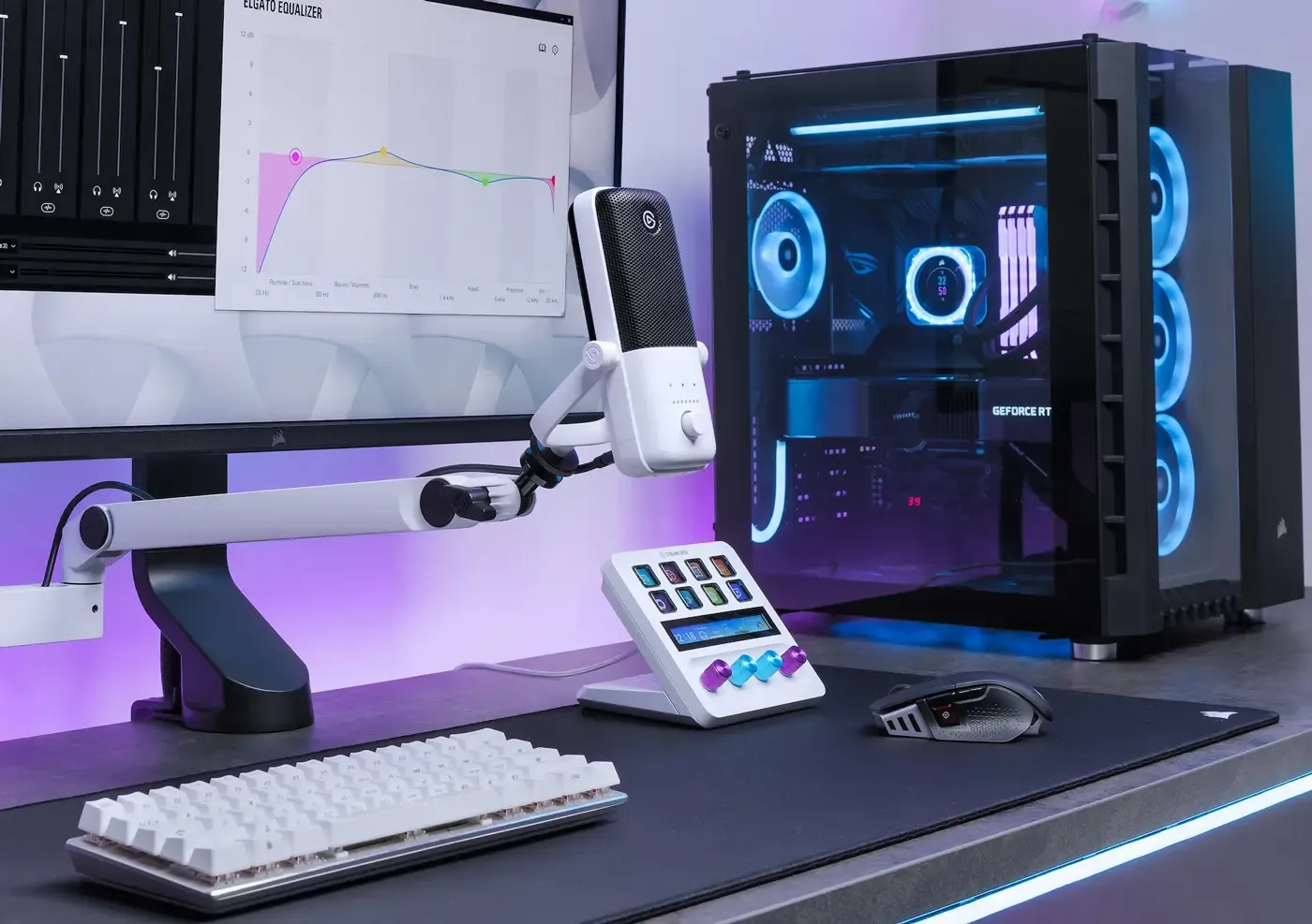 Purple Corsair Elgato Stream Deck Dials Set in use during a recording session