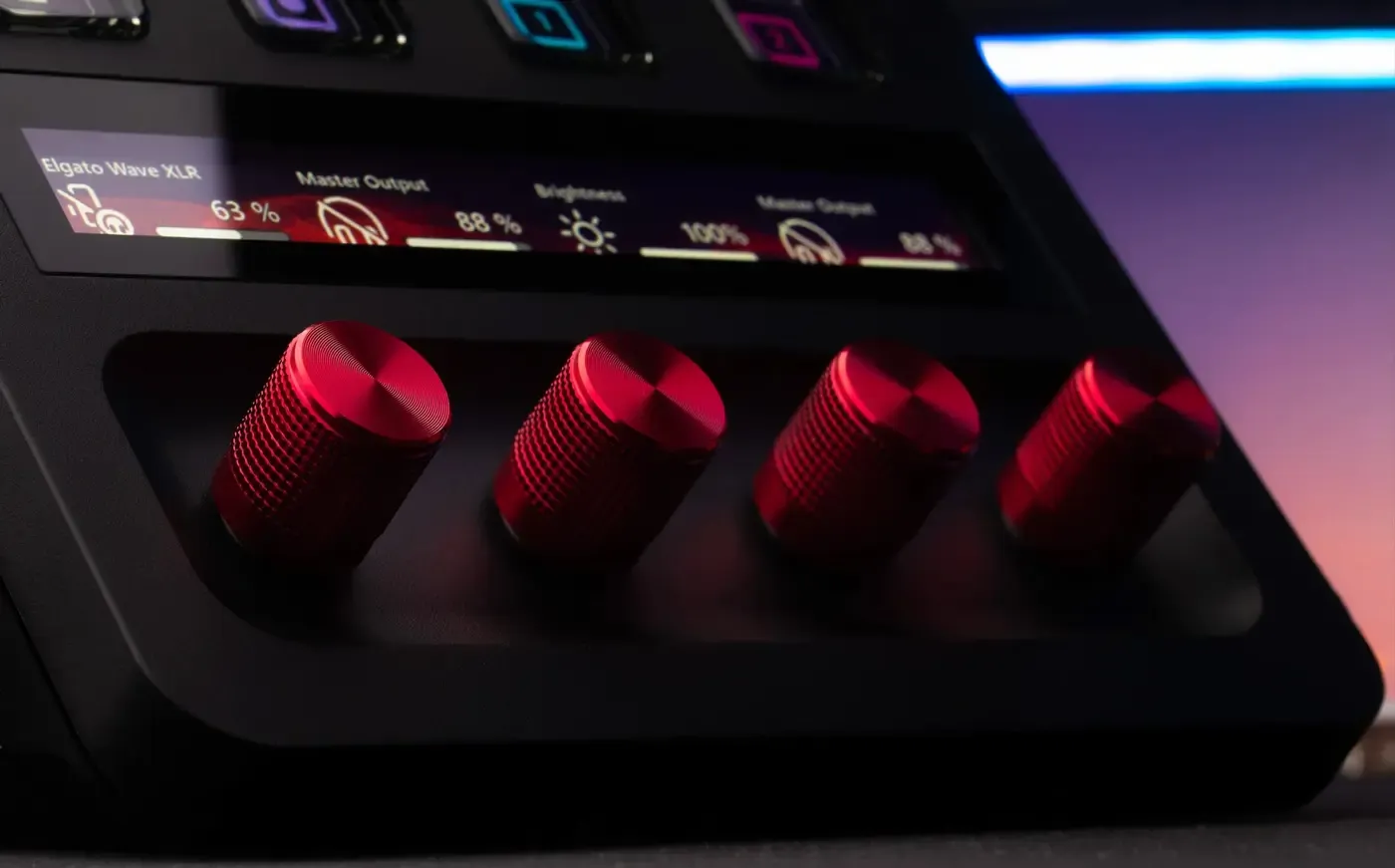 Top view of the red Stream Deck Dials Set with all dials visible
