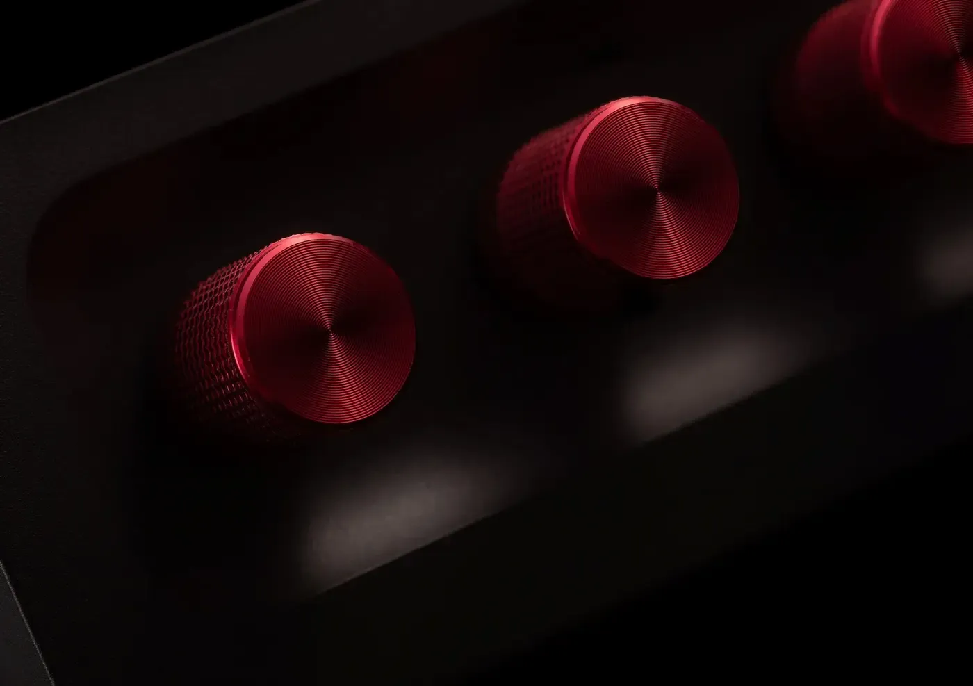 Front view of the Corsair Elgato Stream Deck Dials Set in red ready for live production