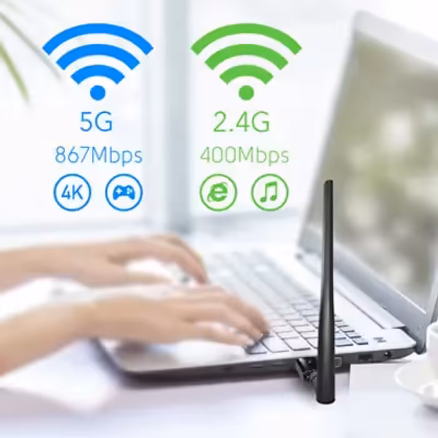 Dual band operation of the Cudy WU1300S Wi-Fi adapter on 2.4GHz and 5GHz