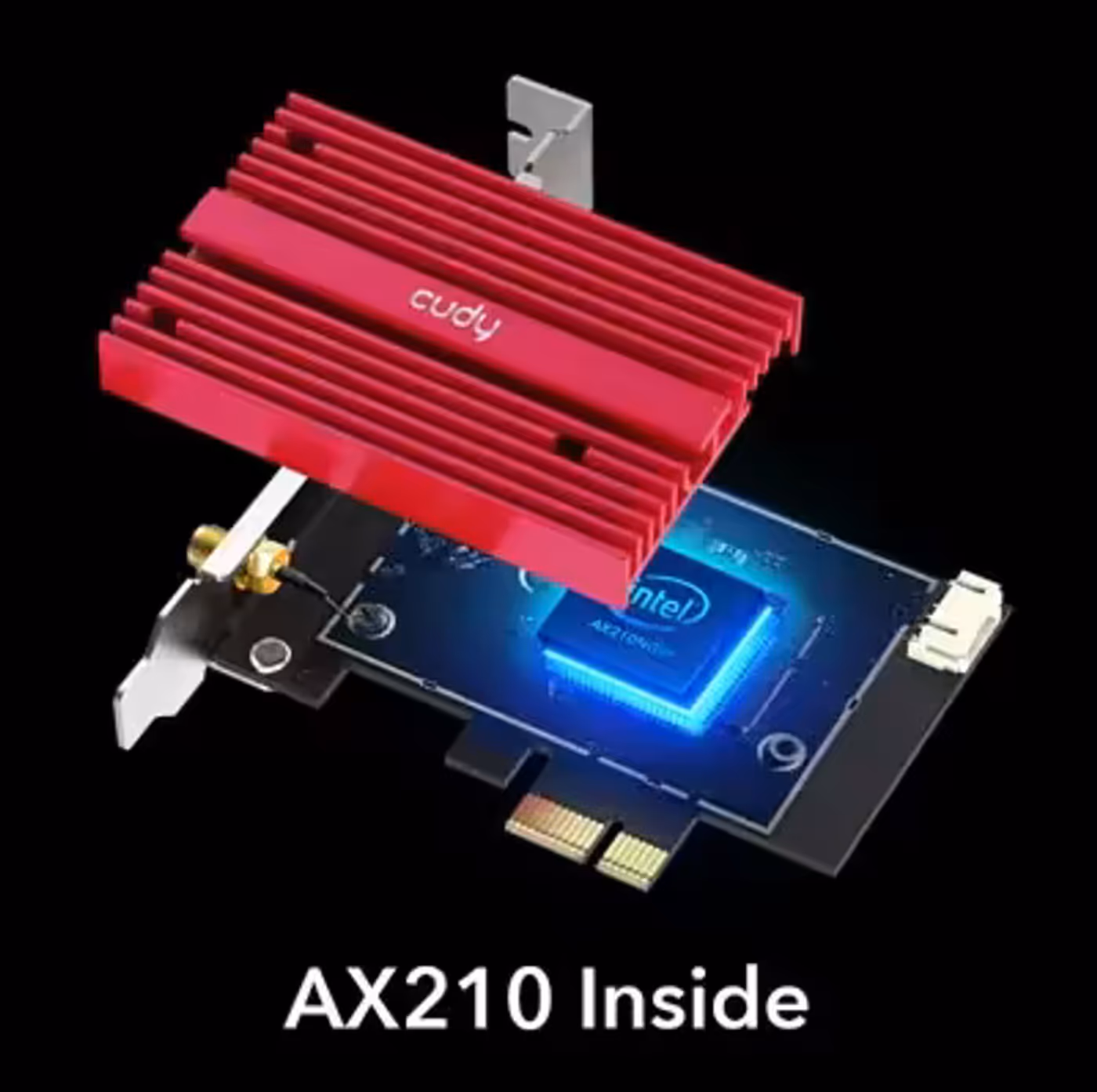 Intel AX210 WiFi 6 and 6E module mounted on the Cudy card
