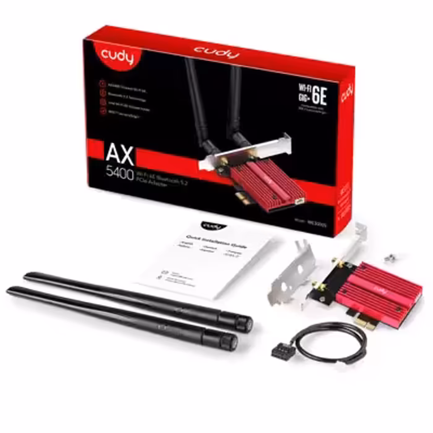 Accessories included with the Cudy AX5400 card, including the low-profile bracket