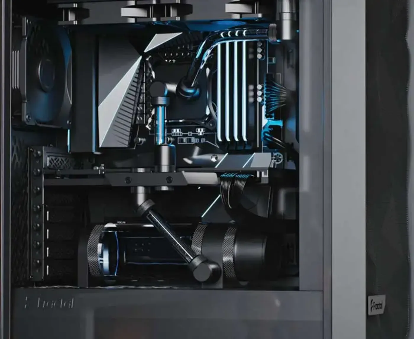 Interior of the Meshify 2 Compact showing drive mounts, SSD brackets and cable routing clips
