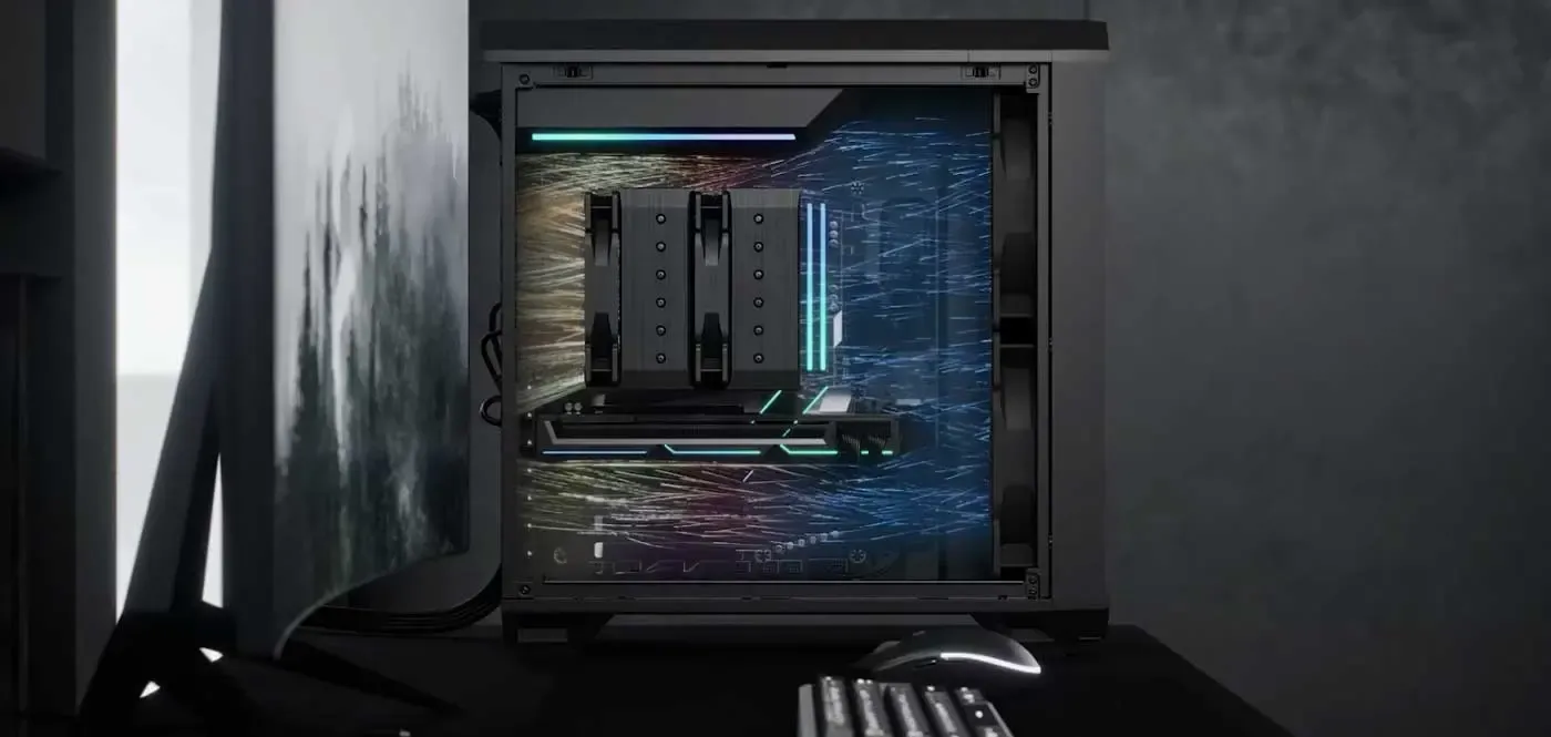 Airflow path through the Torrent Compact base intake toward the graphics card