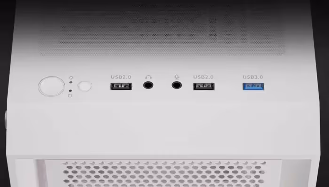 Top I/O panel of the Gamdias Aura GC2 Elite gaming case featuring USB ports and audio jacks