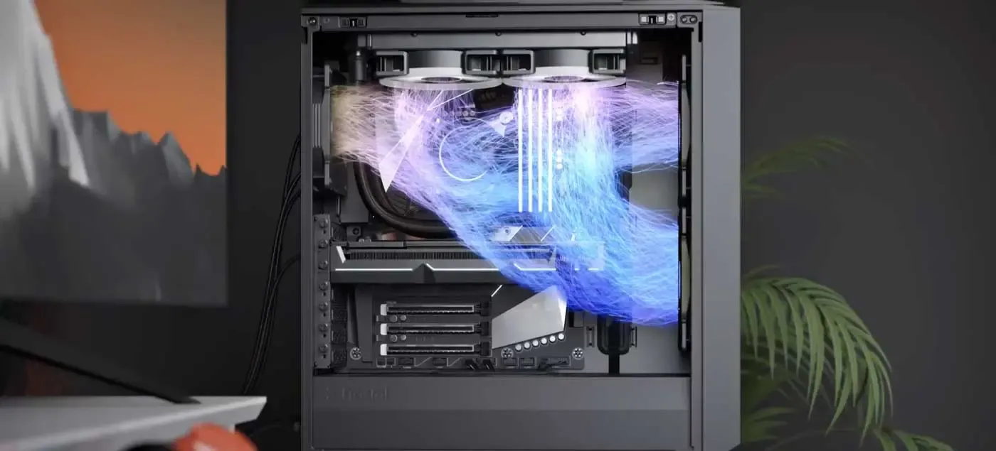 Filtered airflow path through a PC case, drawn from front intake to rear exhaust