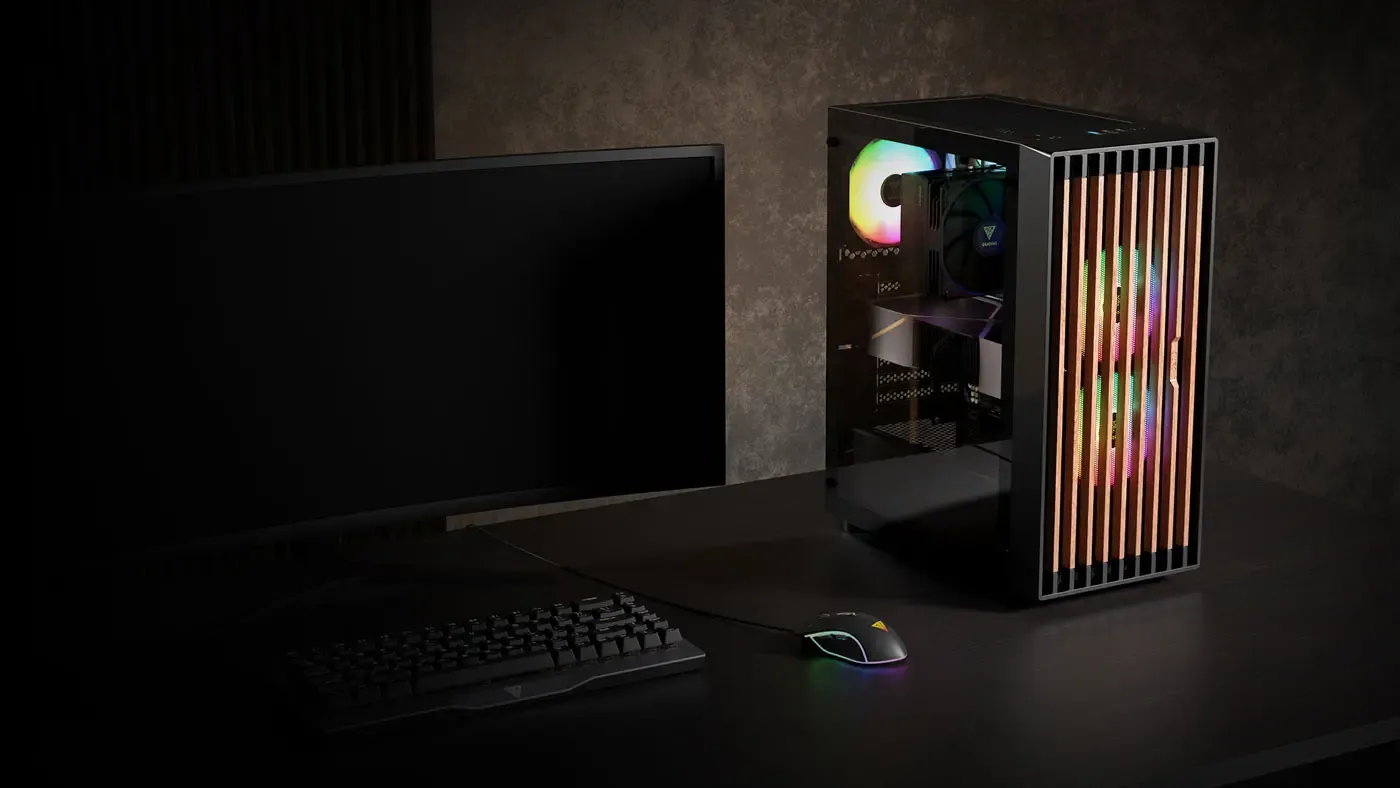 Gamdias Aura GC4 gaming case with its walnut wood and perforated mesh front panel