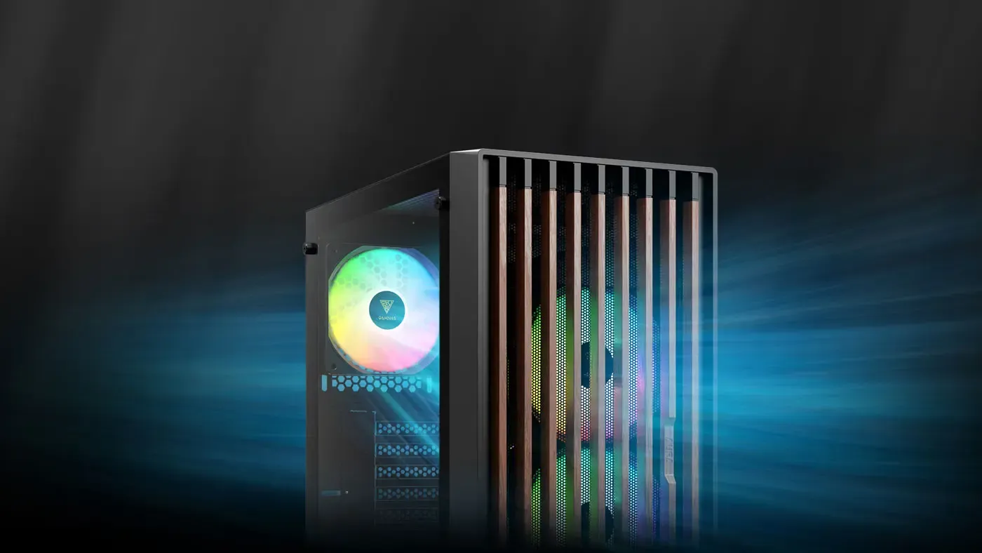 Pre-installed RGB fans behind the walnut front panel of the Aura GC4