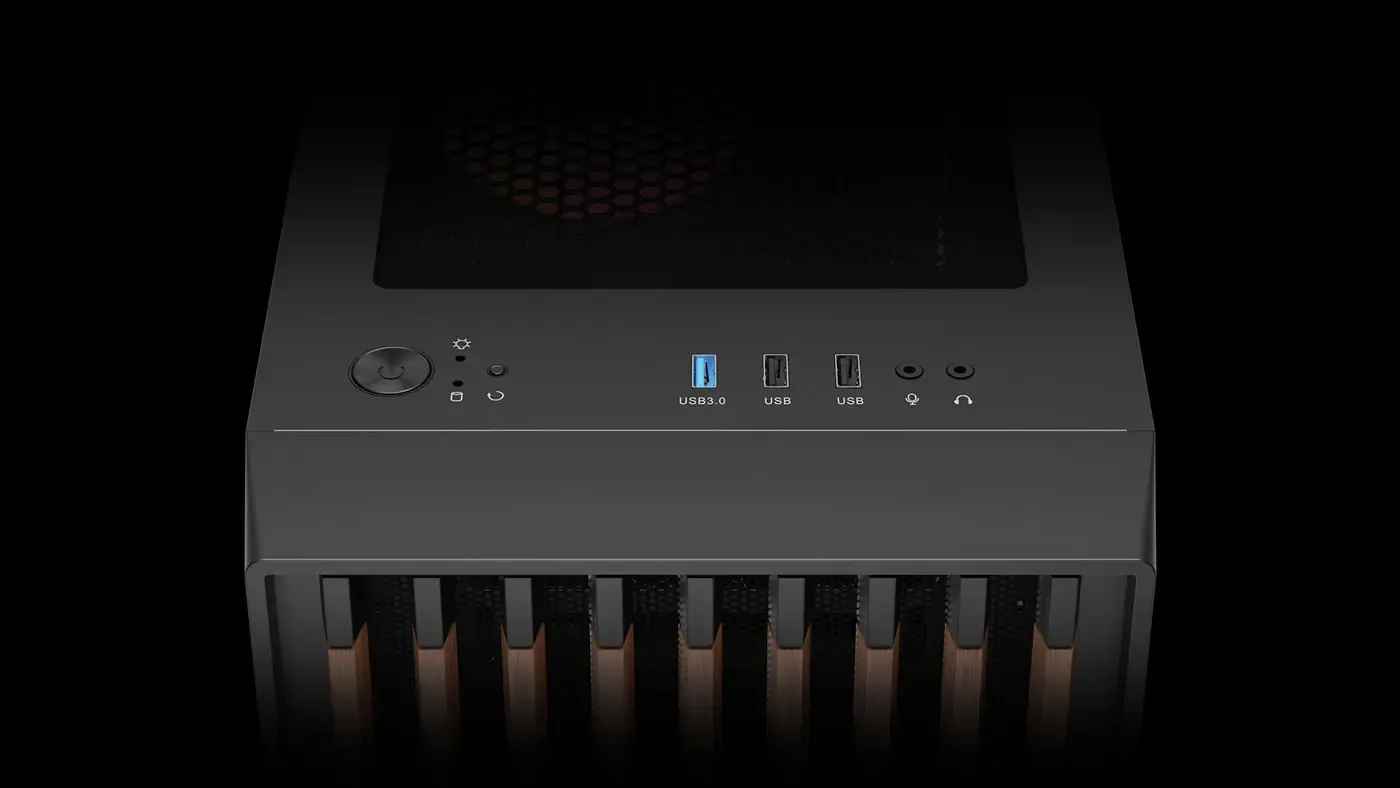 Top front I/O panel of the Gamdias Aura GC4 with USB and audio connections
