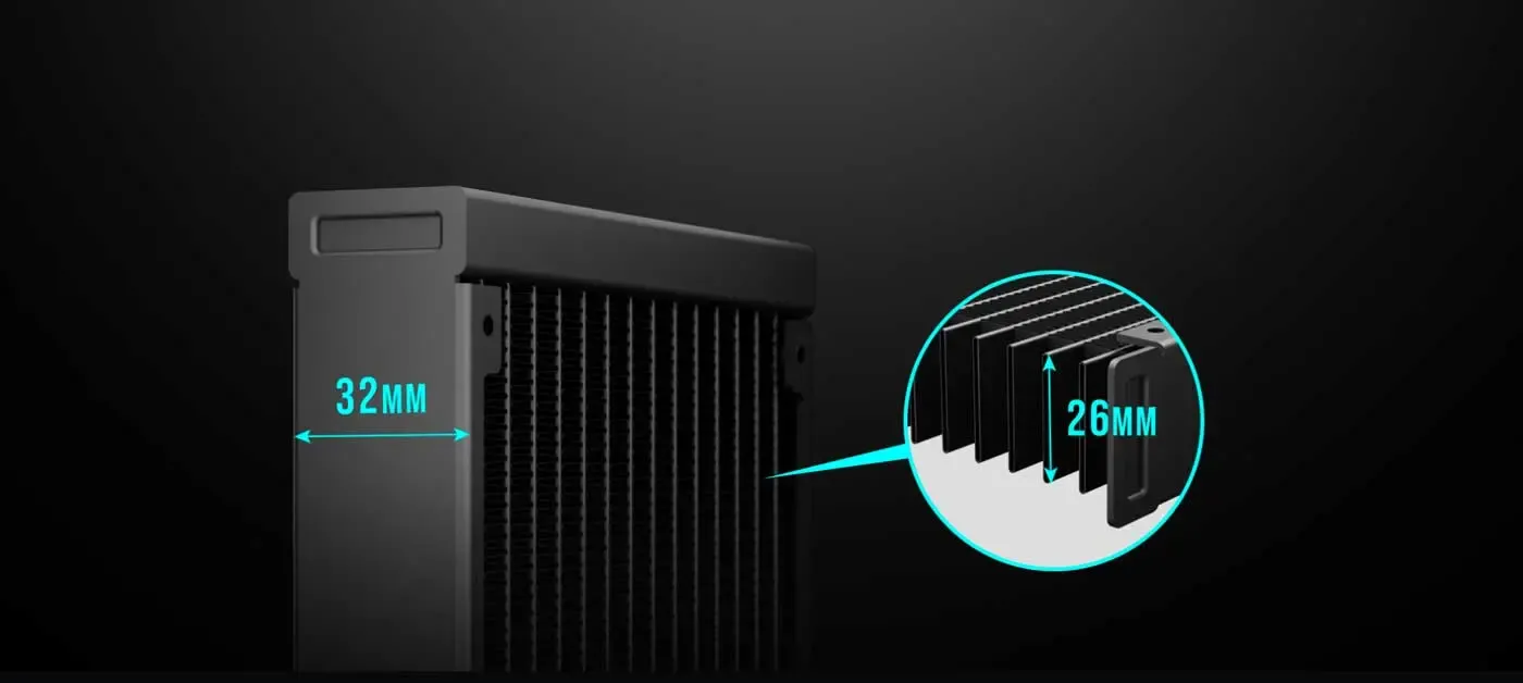 32mm thick high-performance radiator with dense fin design