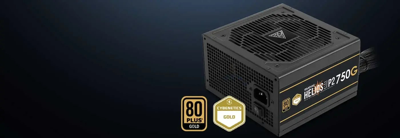 Dual gold efficiency certification badges on the Gamdias HELIOS P2-750G