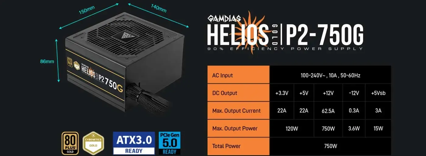 Flat non-modular cable set attached to the Gamdias HELIOS P2-750G
