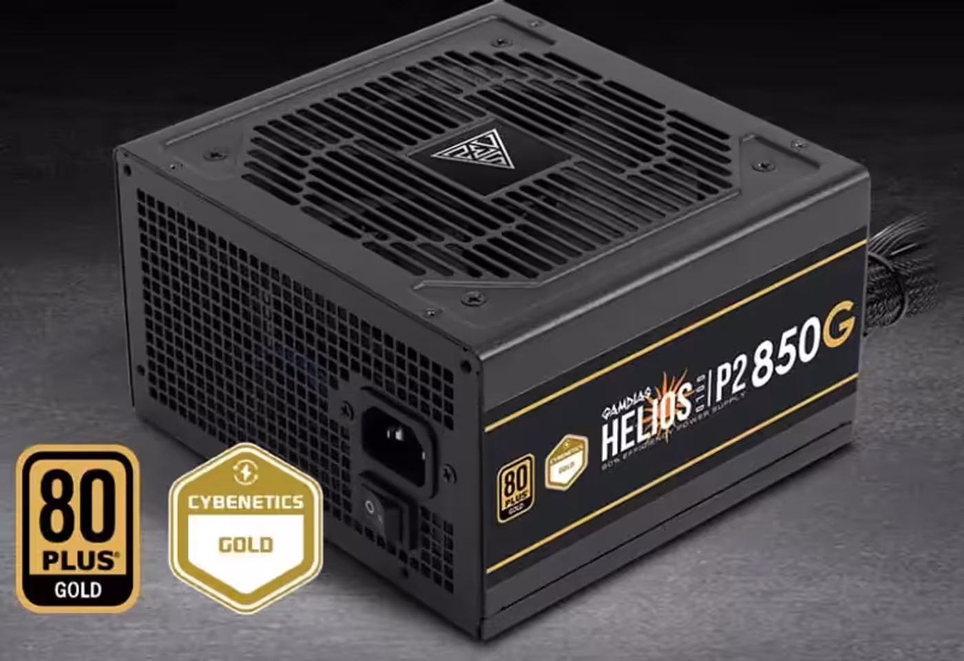 Double Gold certified power supply illustrating 80 PLUS Gold and Cybenetics Gold efficiency
