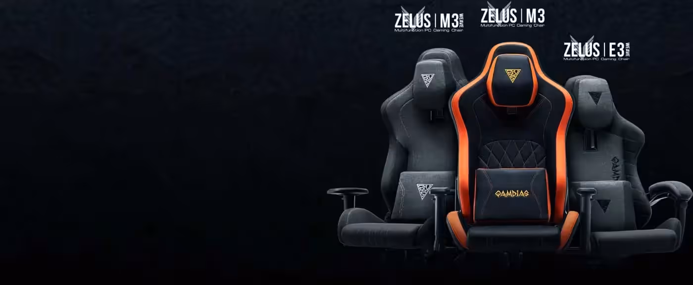 Gamdias Zelus M3 Weave gaming chair shown in full with headrest and lumbar pillow fitted