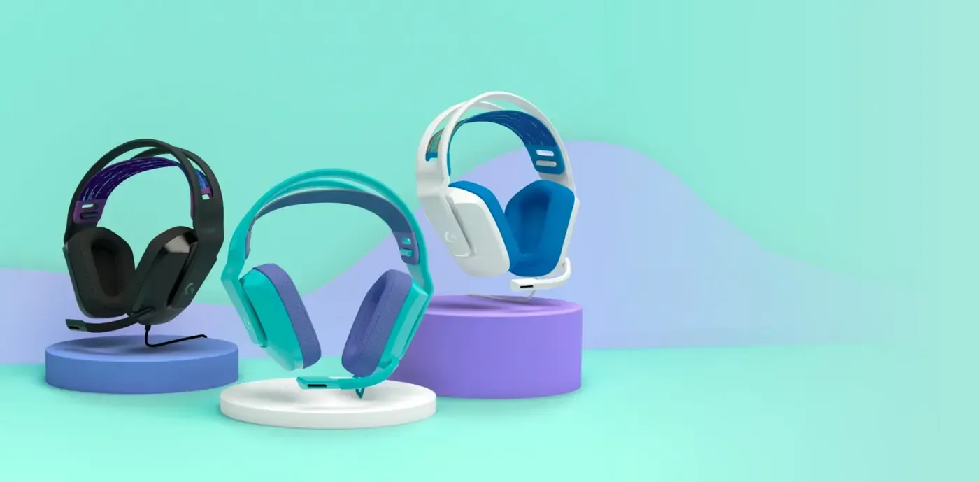 Memory foam ear cups wrapped in sports mesh on the white Logitech G335 headset