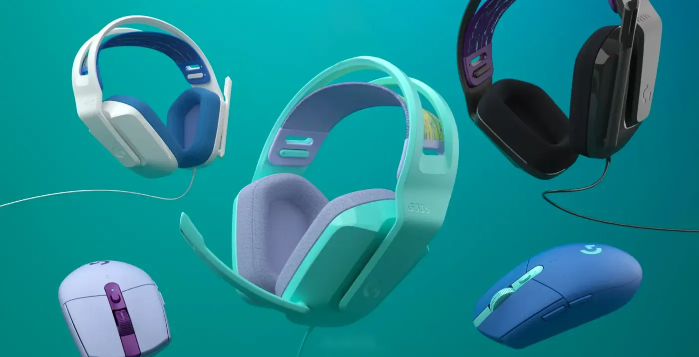 Logitech G335 wired gaming headset in white with its suspension headband and elastic strap