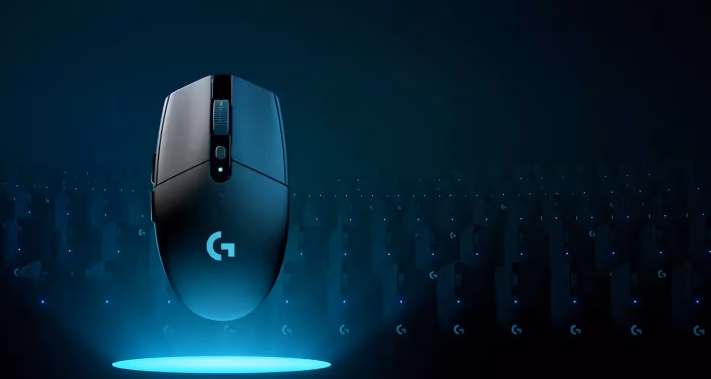 Logitech G305 wireless gaming mouse shown with the HERO sensor and its 200 to 12,000 DPI range