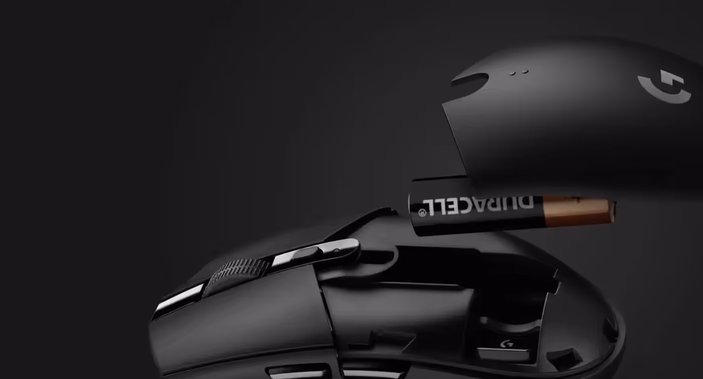 Logitech G305 wireless gaming mouse showing its battery indicator light and long endurance mode runtime