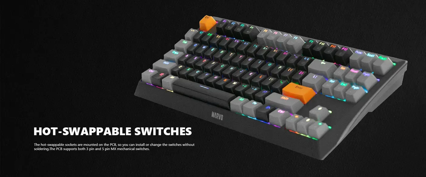 MARVO KG980B-EN-B gaming keyboard displaying its RGB lighting effects