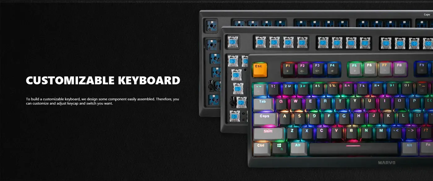 Close view of the mechanical switches fitted to the MARVO KG980B-EN-B keyboard