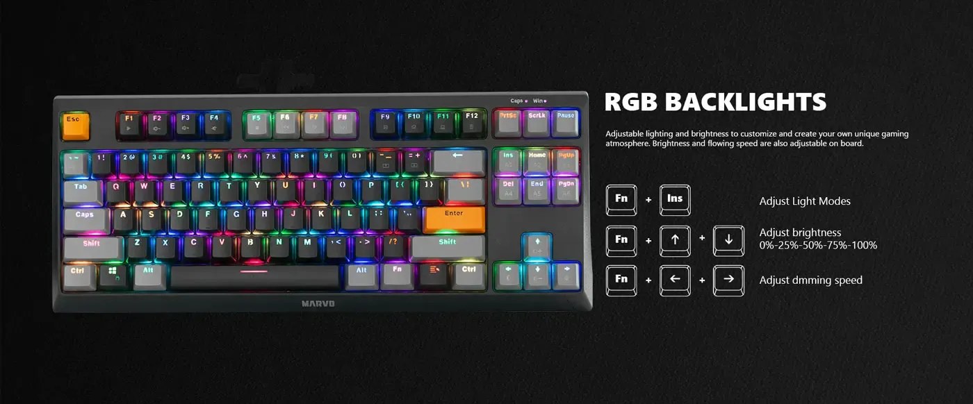 MARVO KG980B-EN-B keyboard keys shown in detail to highlight tactile feedback