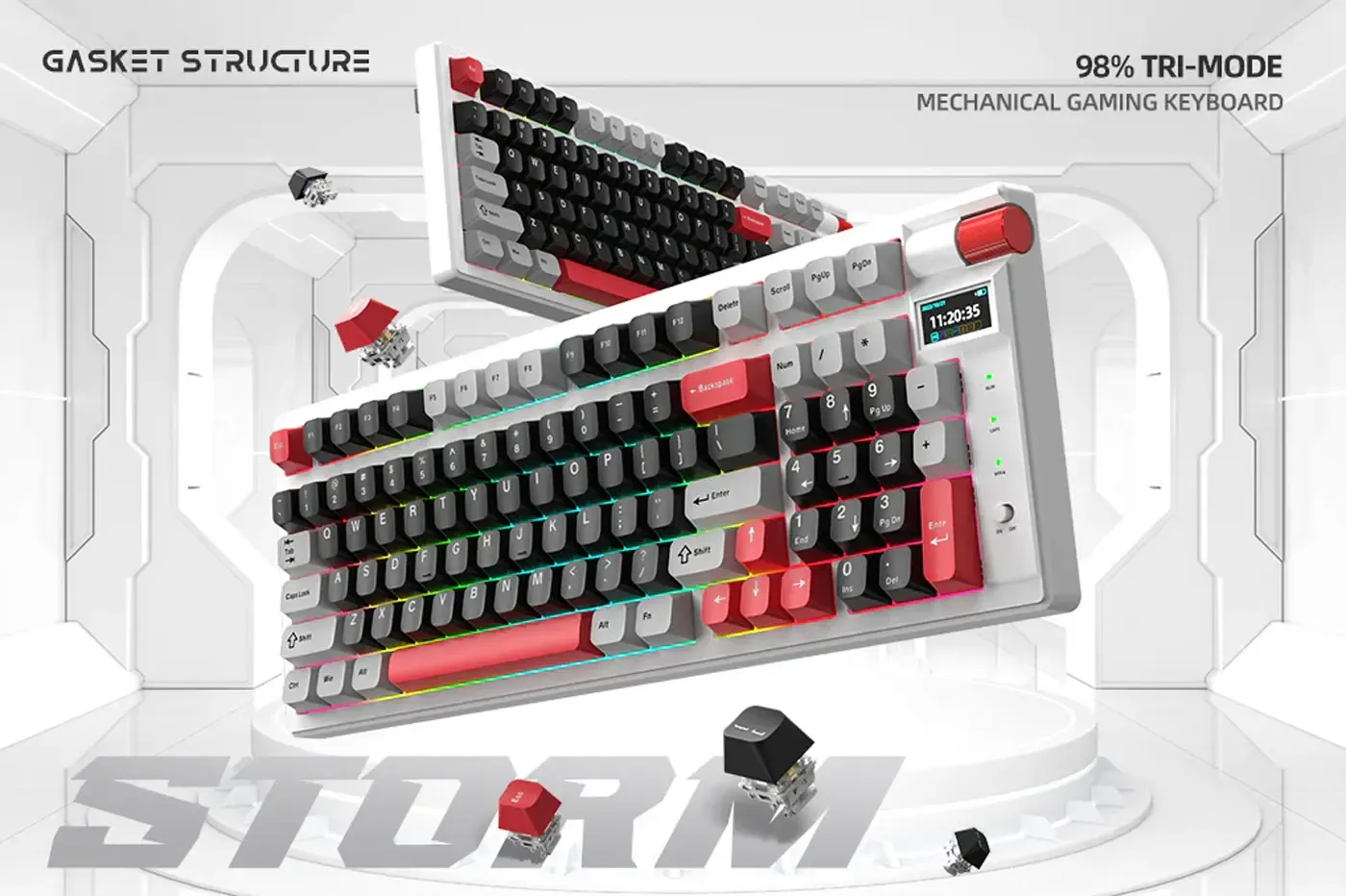 Marvo KG991W Monka Storm mechanical keyboard shown in full with RGB backlighting on