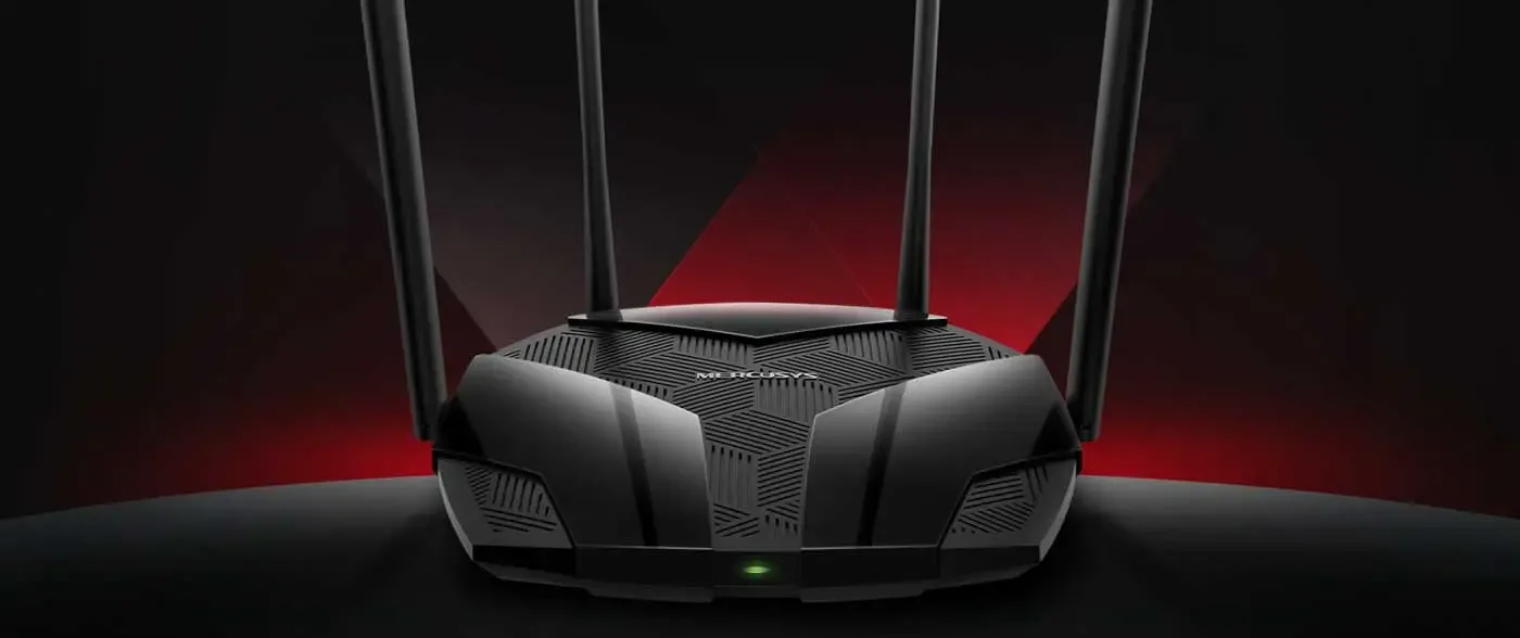 Mercusys MR80X AX3000 dual-band WiFi 6 router standing with antennas raised