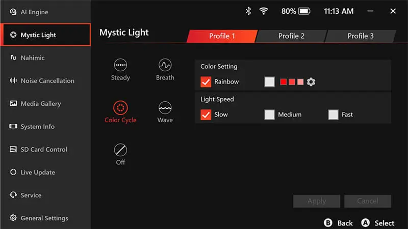 MSI Claw A1M Mystic Light Feature