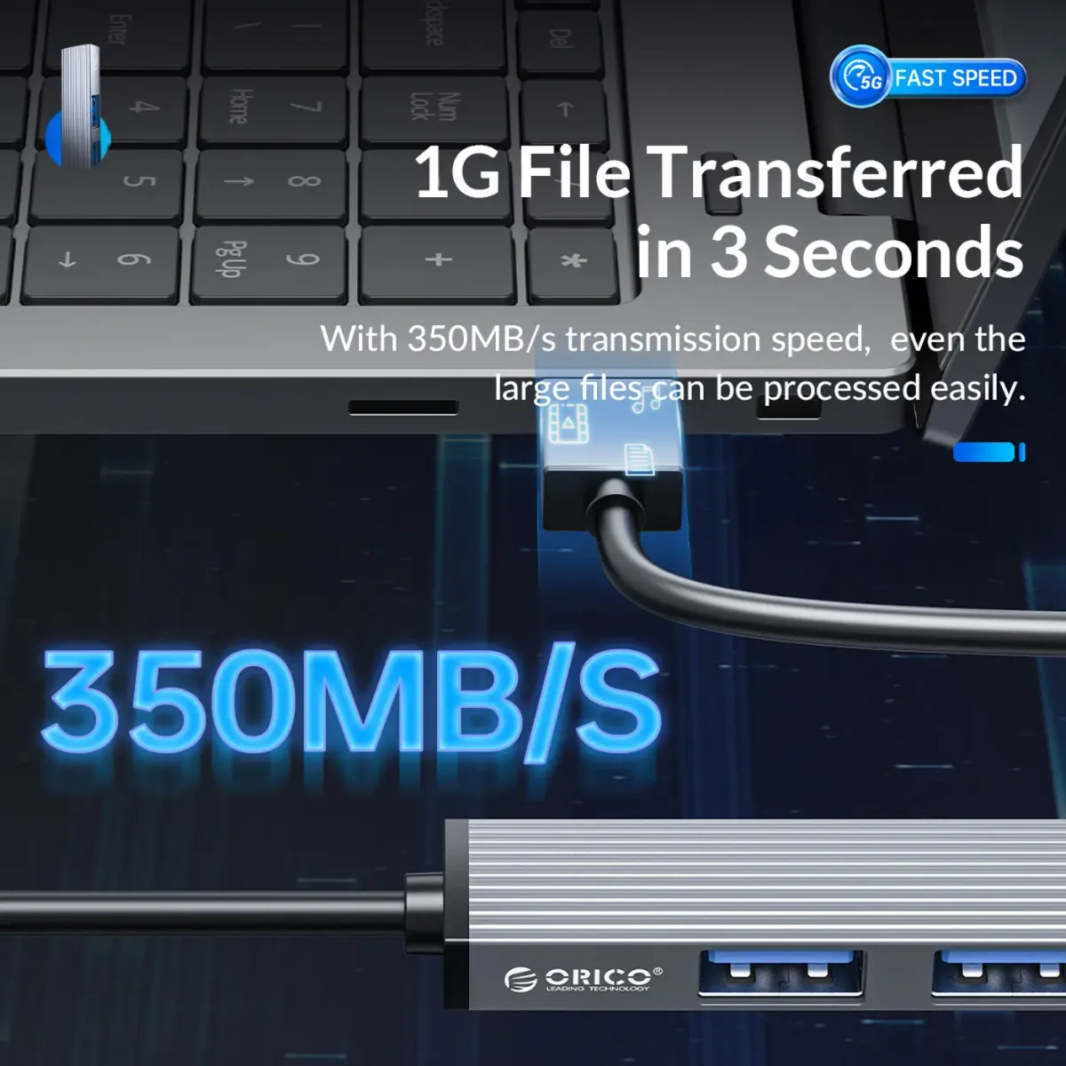 Compact ORICO USB hub shown alongside connected peripherals