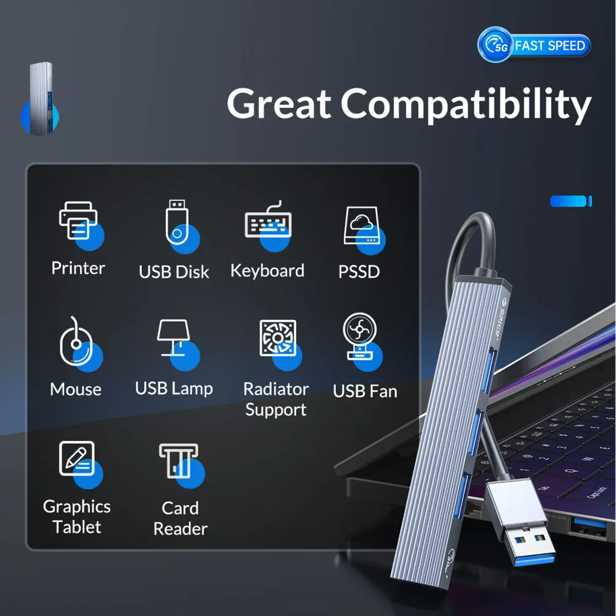 ORICO USB hub set up on an office desk with multiple devices attached