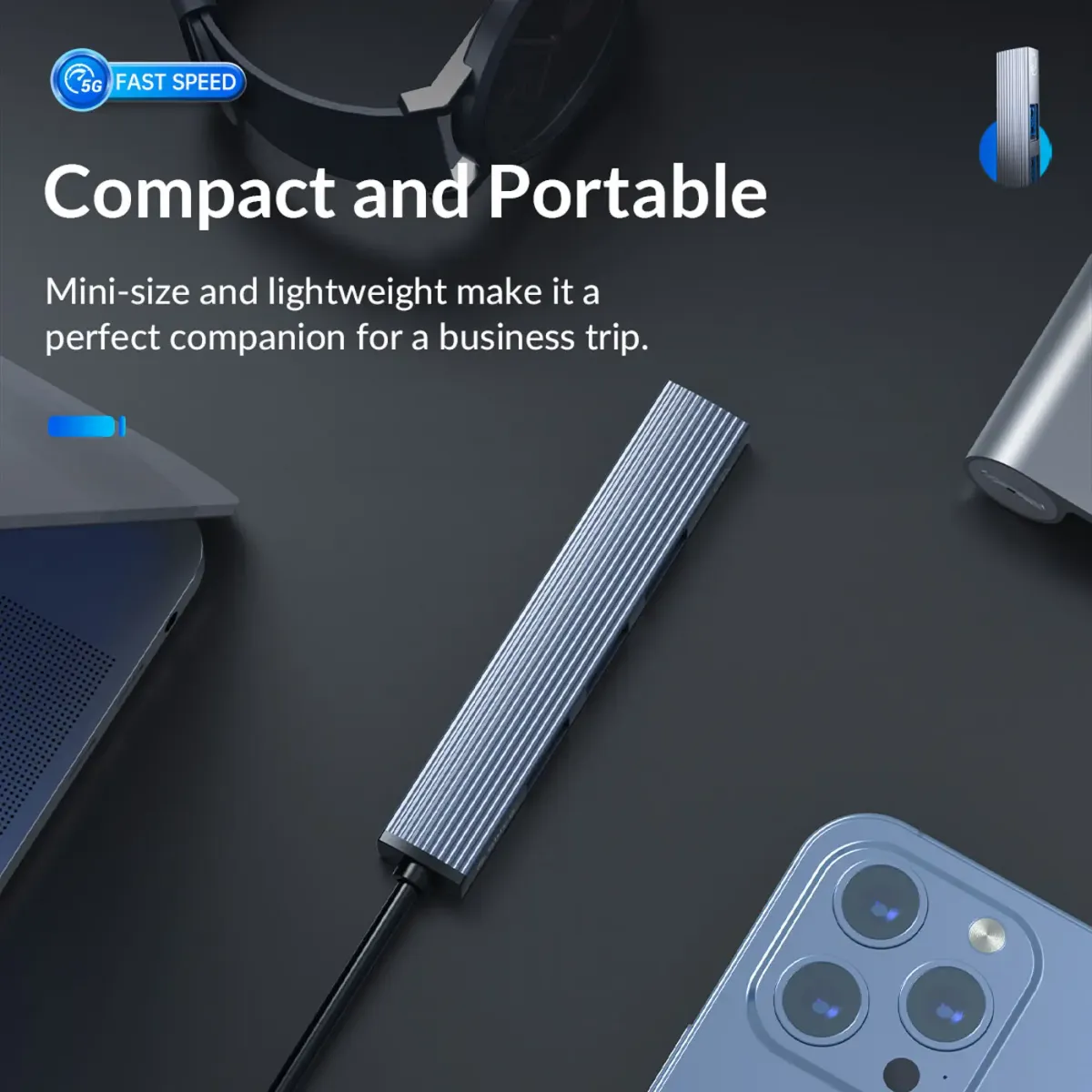 Complete view of the ORICO 4-port USB-A hub in aluminium