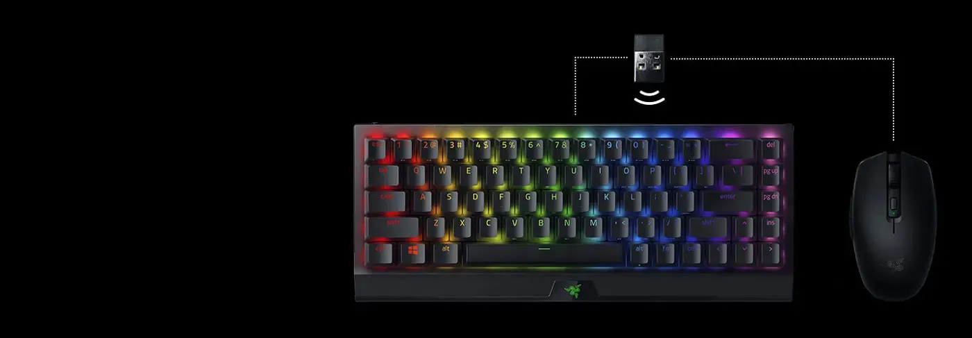 Single HyperSpeed dongle pairing a Razer keyboard and mouse together