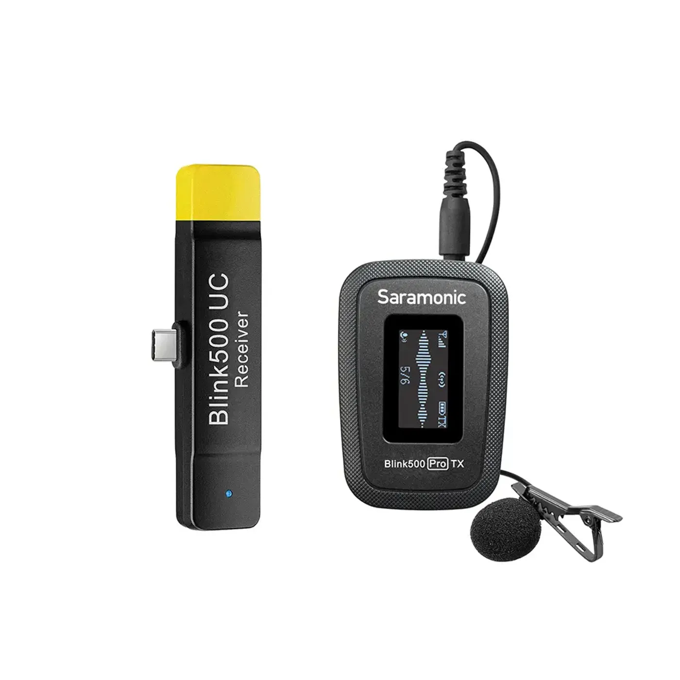 Saramonic Blink500 Pro B5 transmitter and receiver shown from the front