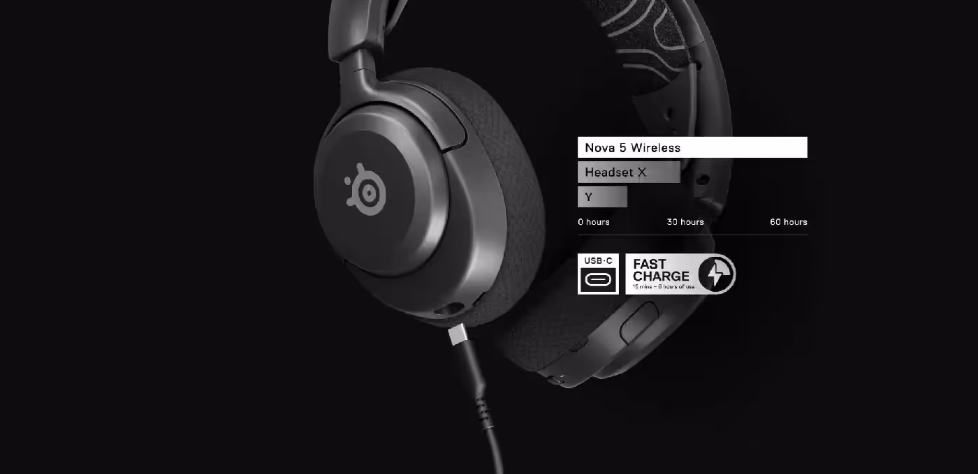 SteelSeries Arctis Nova 5 battery life indicator demonstrating long-lasting 60-hour performance