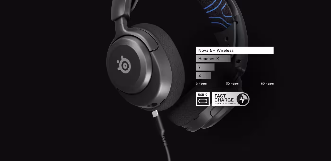 SteelSeries Arctis Nova 5P displaying 60-hour battery longevity for extended weekly gaming