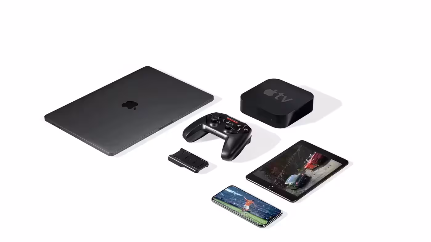 SteelSeries Nimbus+ gamepad shown connecting wirelessly to an Apple device