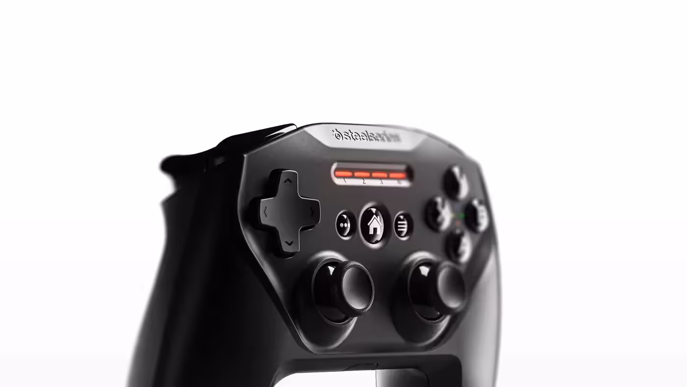 Close view of the clickable analogue joysticks on the SteelSeries Nimbus+