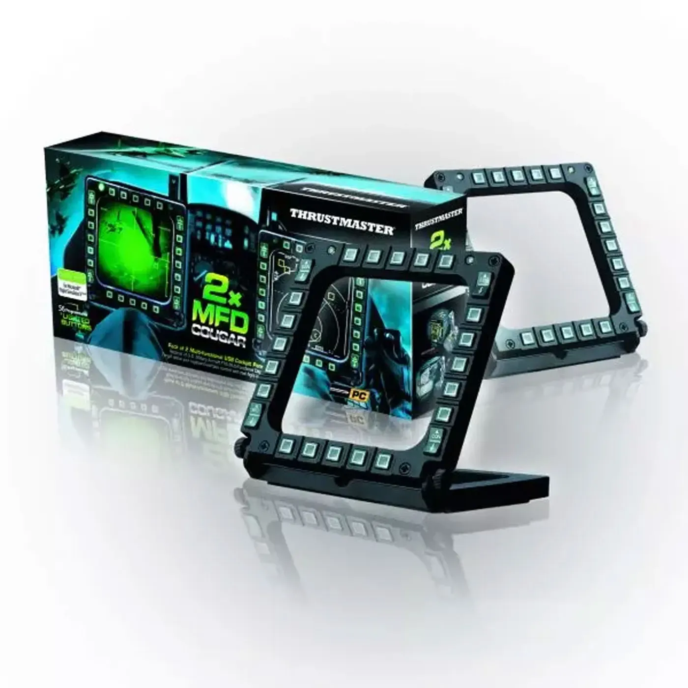 Thrustmaster MFD Cougar USB cockpit panels shown with their buttons and switches